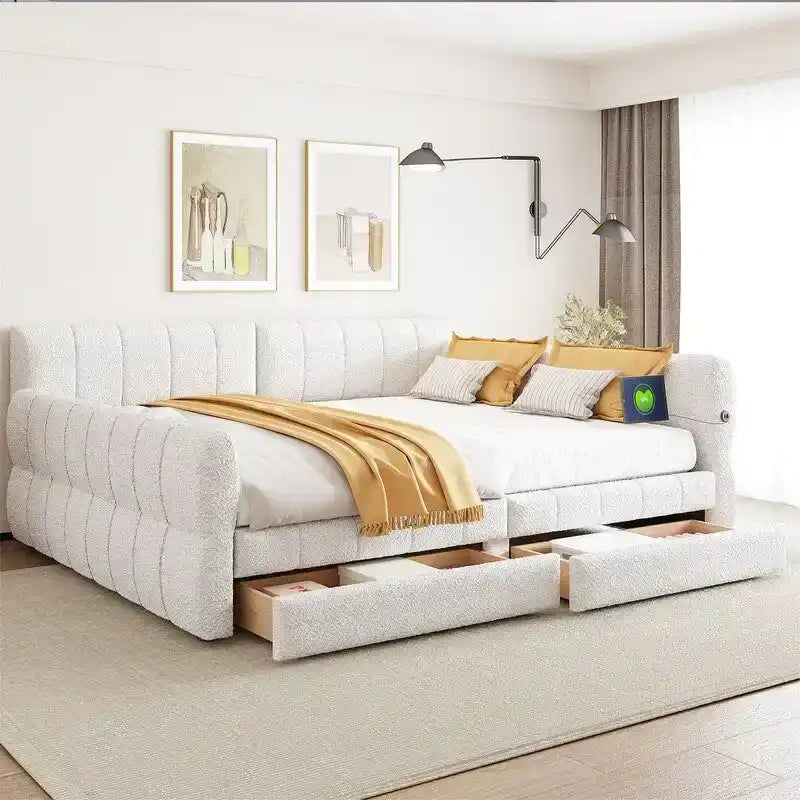 Upholstered Daybed with 2 Storage Drawers, Queen Size Sofa Bed Frame with USB Ports Design and Wood Slats Support-2