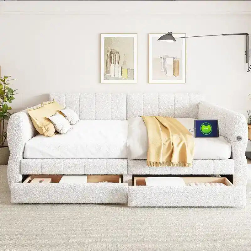 Upholstered Daybed with 2 Storage Drawers, Queen Size Sofa Bed Frame with USB Ports Design and Wood Slats Support-3