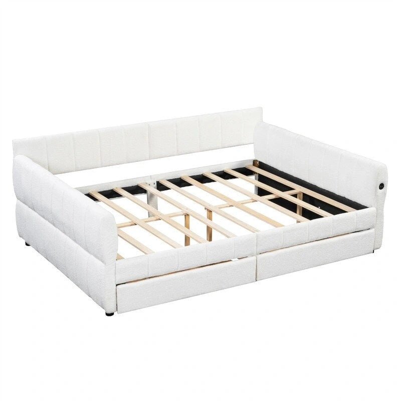 Upholstered Daybed with 2 Storage Drawers, Queen Size Sofa Bed Frame with USB Ports Design and Wood Slats Support-4