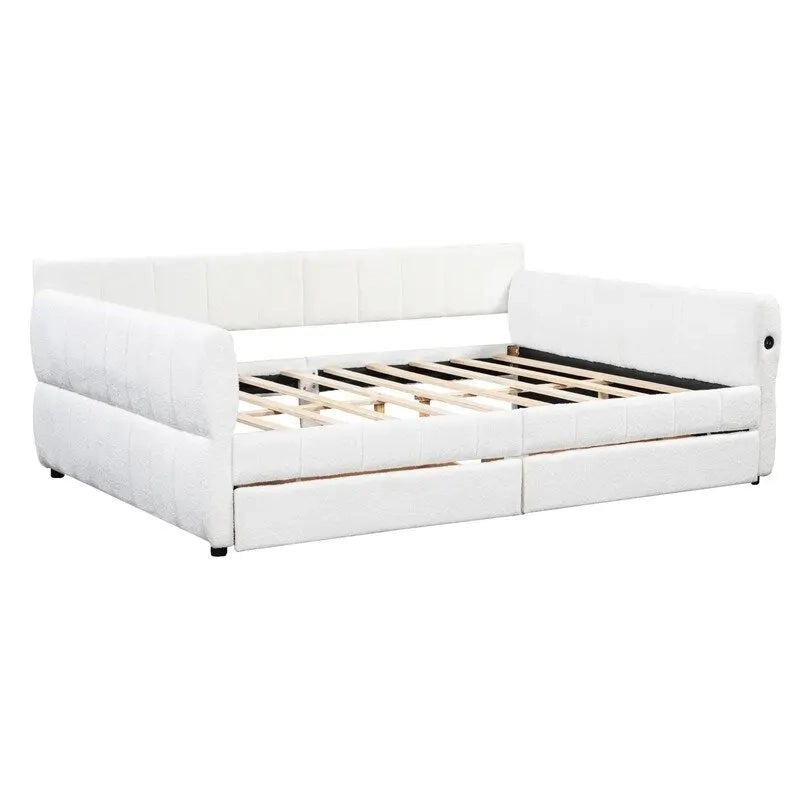 Upholstered Daybed with 2 Storage Drawers, Queen Size Sofa Bed Frame with USB Ports Design and Wood Slats Support-5