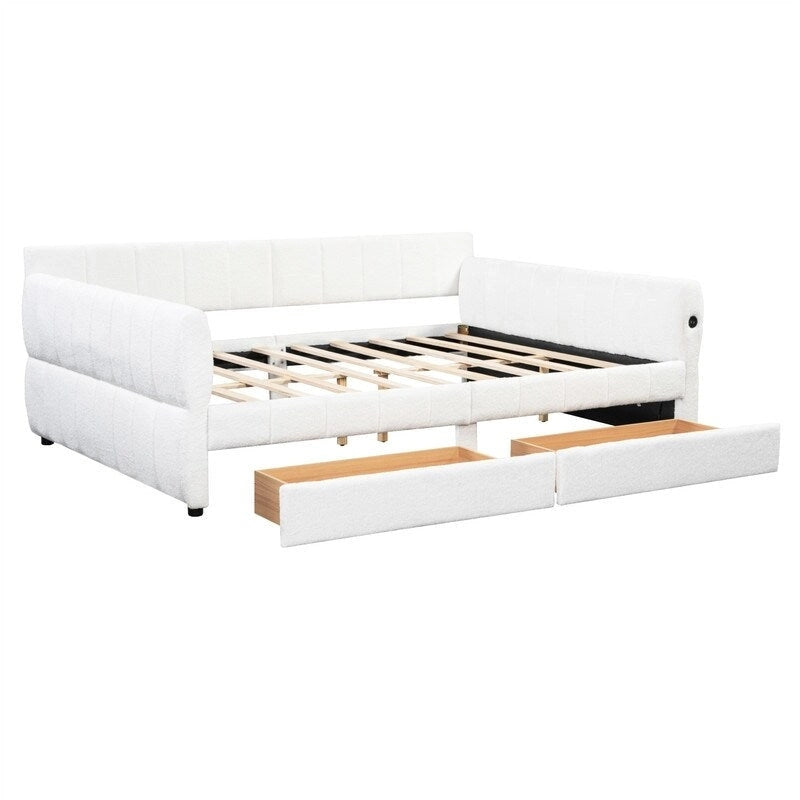 Upholstered Daybed with 2 Storage Drawers, Queen Size Sofa Bed Frame with USB Ports Design and Wood Slats Support-6