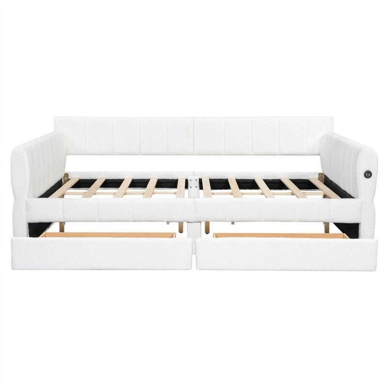 Upholstered Daybed with 2 Storage Drawers, Queen Size Sofa Bed Frame with USB Ports Design and Wood Slats Support-8