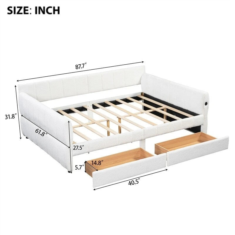 Upholstered Daybed with 2 Storage Drawers, Queen Size Sofa Bed Frame with USB Ports Design and Wood Slats Support-9