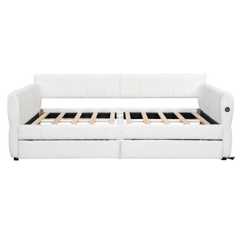 Upholstered Daybed with 2 Storage Drawers, Queen Size Sofa Bed Frame with USB Ports Design and Wood Slats Support-10