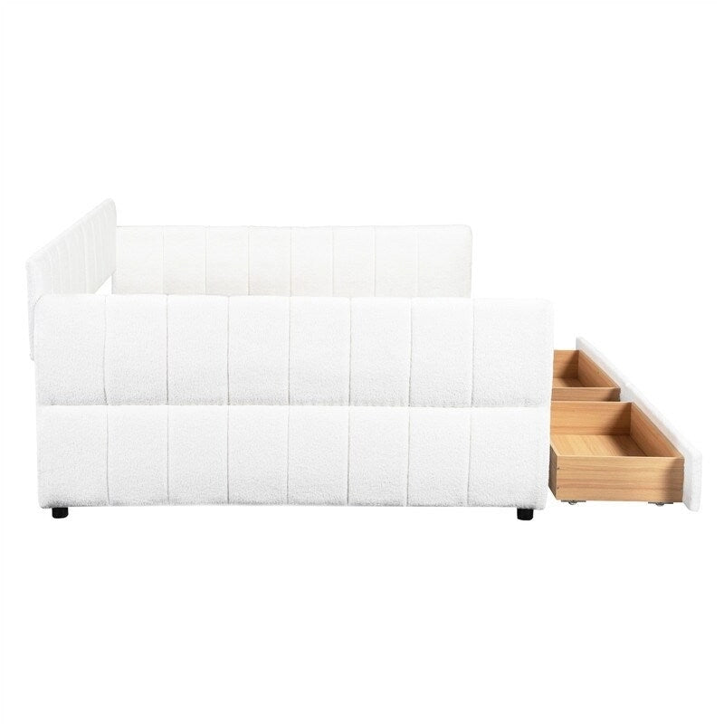 Upholstered Daybed with 2 Storage Drawers, Queen Size Sofa Bed Frame with USB Ports Design and Wood Slats Support-11