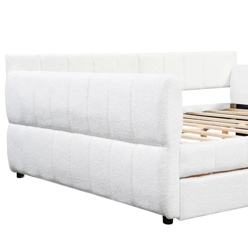 Upholstered Daybed with 2 Storage Drawers, Queen Size Sofa Bed Frame with USB Ports Design and Wood Slats Support-12