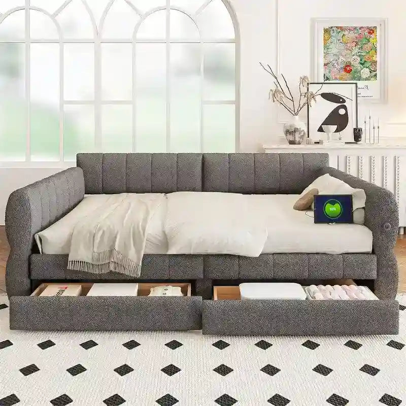 Upholstered Daybed with 2 Storage Drawers, Queen Size Sofa Bed Frame with USB Ports Design and Wood Slats Support-17
