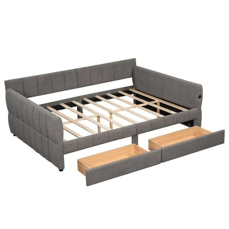 Upholstered Daybed with 2 Storage Drawers, Queen Size Sofa Bed Frame with USB Ports Design and Wood Slats Support-18