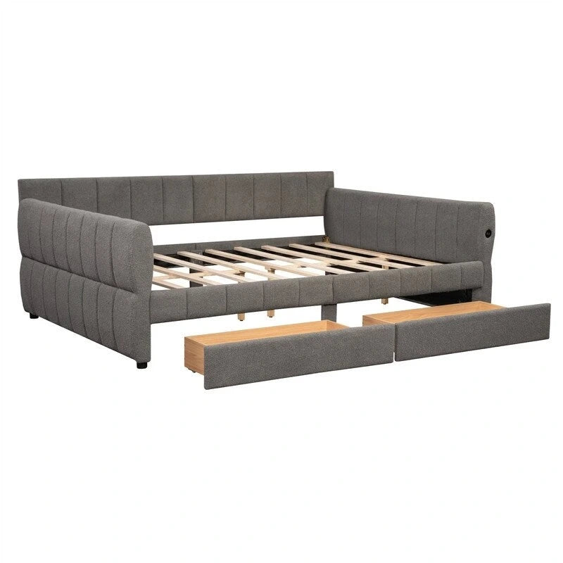 Upholstered Daybed with 2 Storage Drawers, Queen Size Sofa Bed Frame with USB Ports Design and Wood Slats Support-19