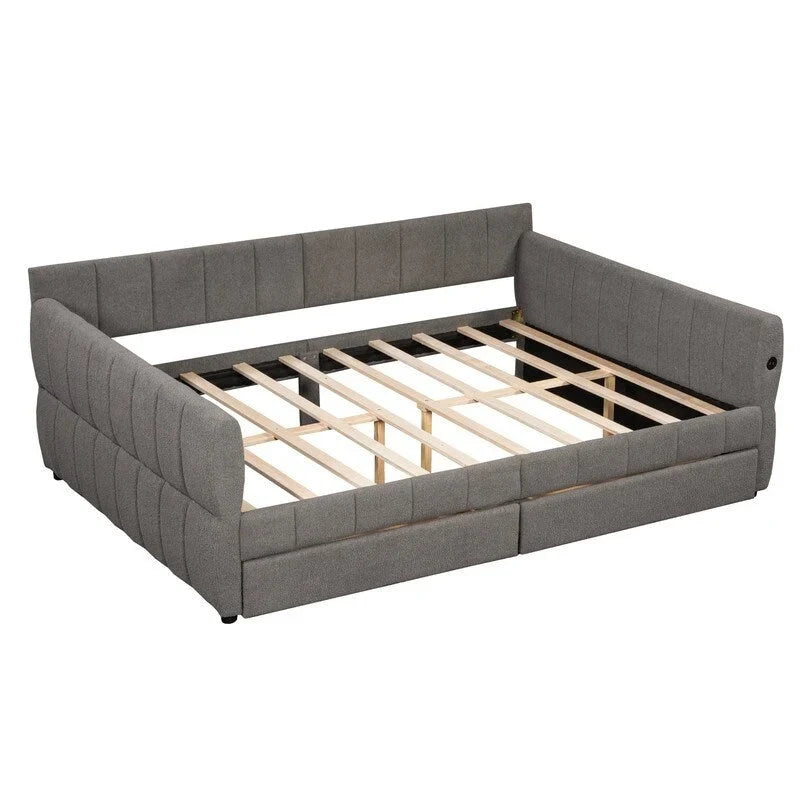 Upholstered Daybed with 2 Storage Drawers, Queen Size Sofa Bed Frame with USB Ports Design and Wood Slats Support-20