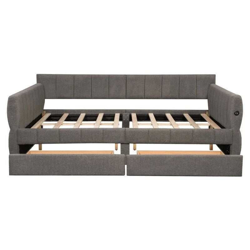 Upholstered Daybed with 2 Storage Drawers, Queen Size Sofa Bed Frame with USB Ports Design and Wood Slats Support-21