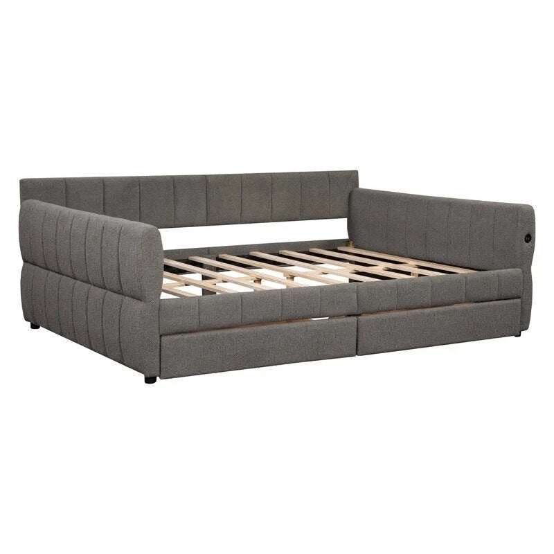 Upholstered Daybed with 2 Storage Drawers, Queen Size Sofa Bed Frame with USB Ports Design and Wood Slats Support-22