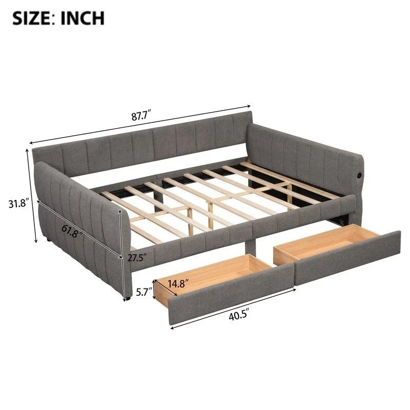 Upholstered Daybed with 2 Storage Drawers, Queen Size Sofa Bed Frame with USB Ports Design and Wood Slats Support-23
