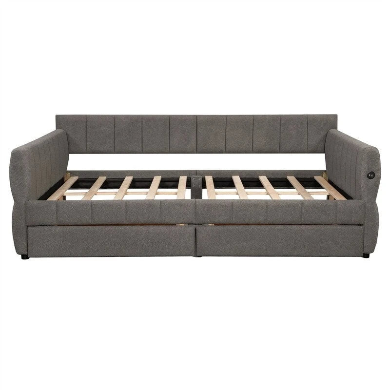 Upholstered Daybed with 2 Storage Drawers, Queen Size Sofa Bed Frame with USB Ports Design and Wood Slats Support-24