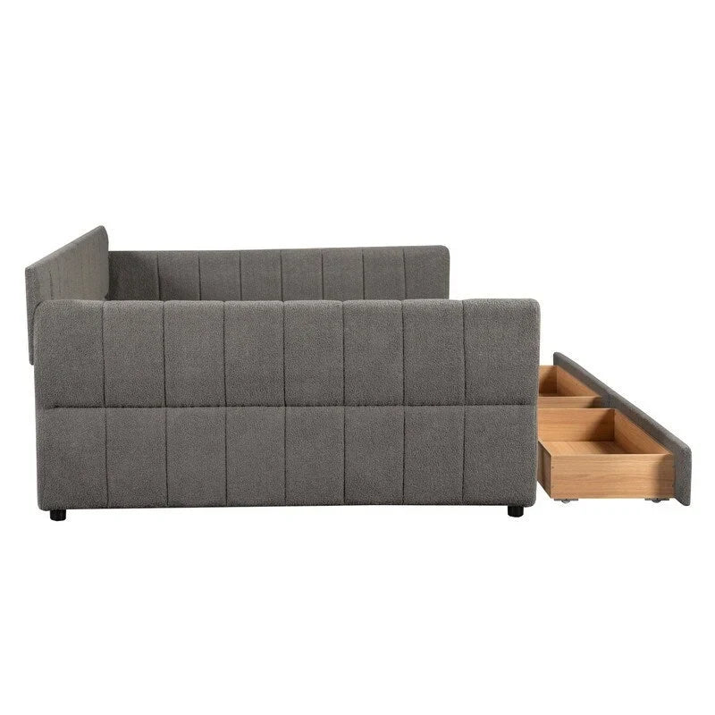 Upholstered Daybed with 2 Storage Drawers, Queen Size Sofa Bed Frame with USB Ports Design and Wood Slats Support-25