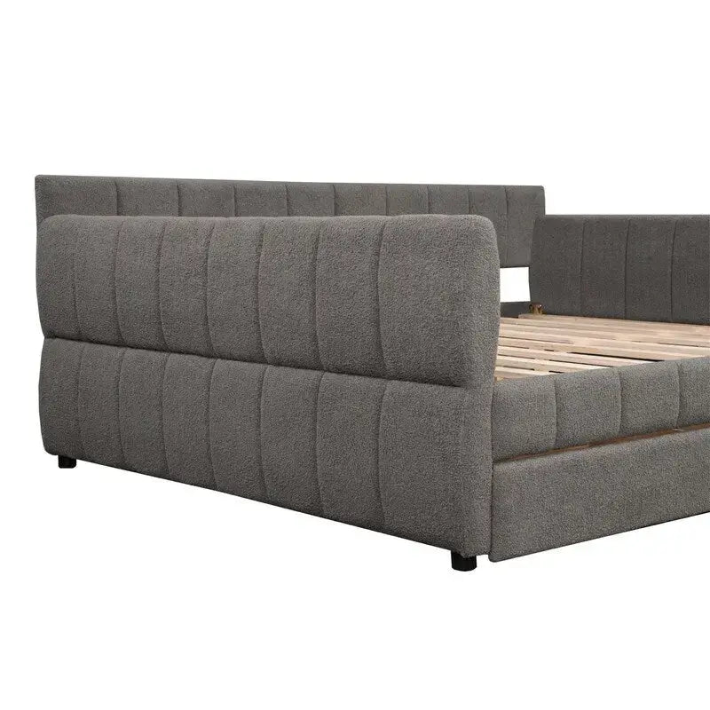 Upholstered Daybed with 2 Storage Drawers, Queen Size Sofa Bed Frame with USB Ports Design and Wood Slats Support-27
