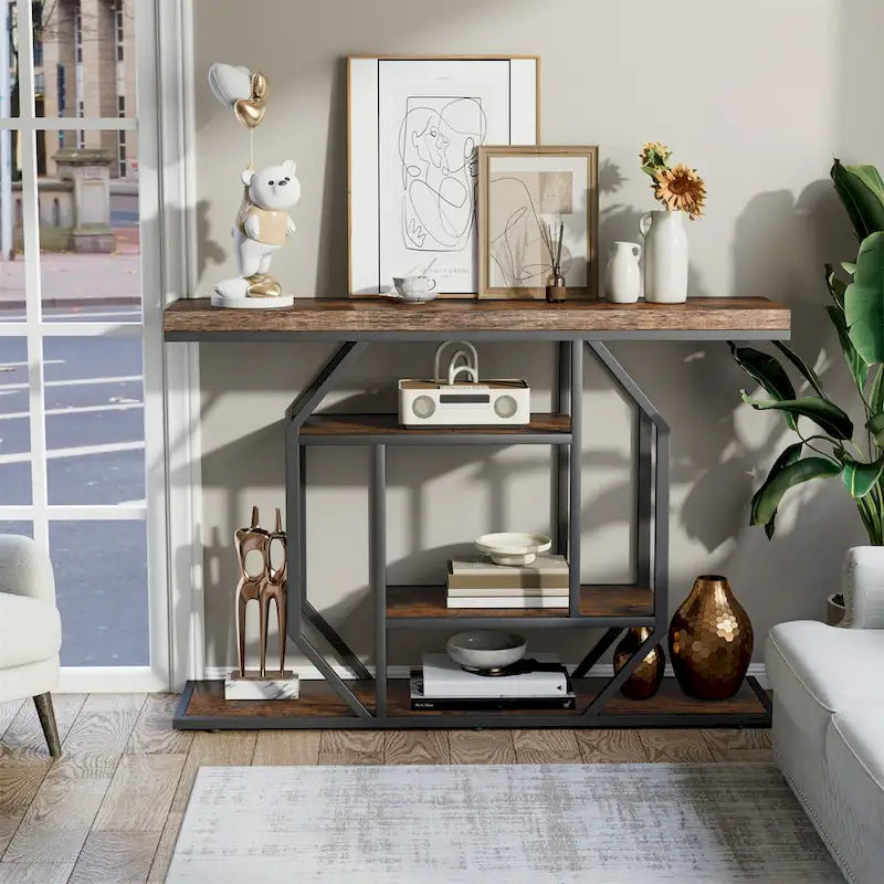 47.24 Rustic Long Console Entry Table Sofa Storage Table Behind Couch with 4 Tier Shelves-4