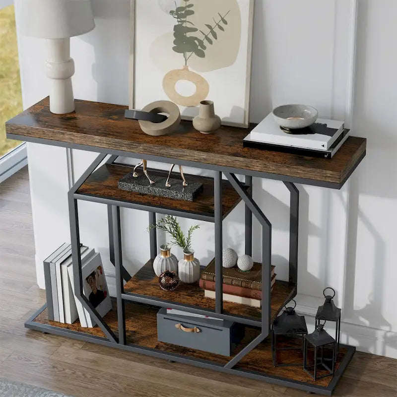 47.24 Rustic Long Console Entry Table Sofa Storage Table Behind Couch with 4 Tier Shelves-5