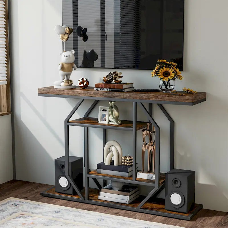 47.24 Rustic Long Console Entry Table Sofa Storage Table Behind Couch with 4 Tier Shelves-6