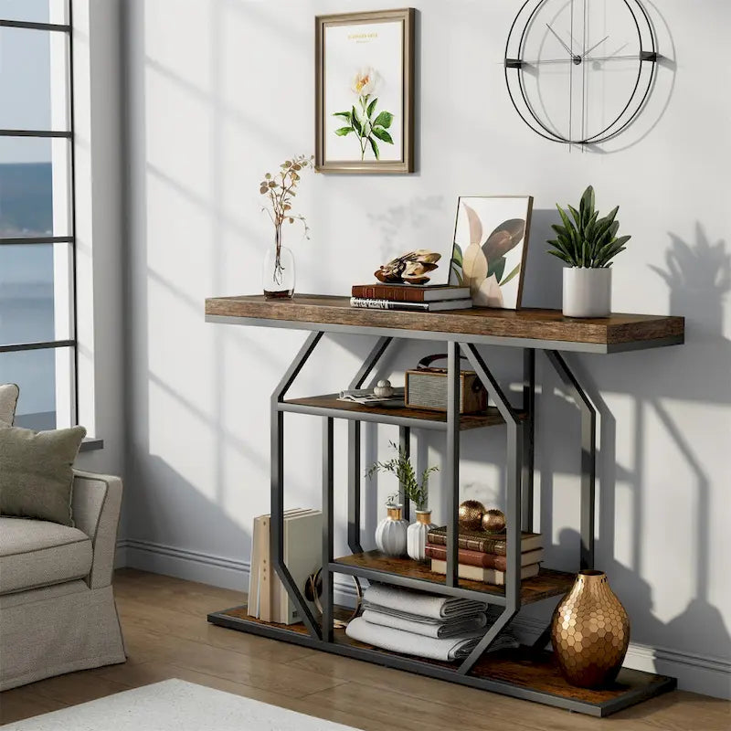 47.24 Rustic Long Console Entry Table Sofa Storage Table Behind Couch with 4 Tier Shelves-7