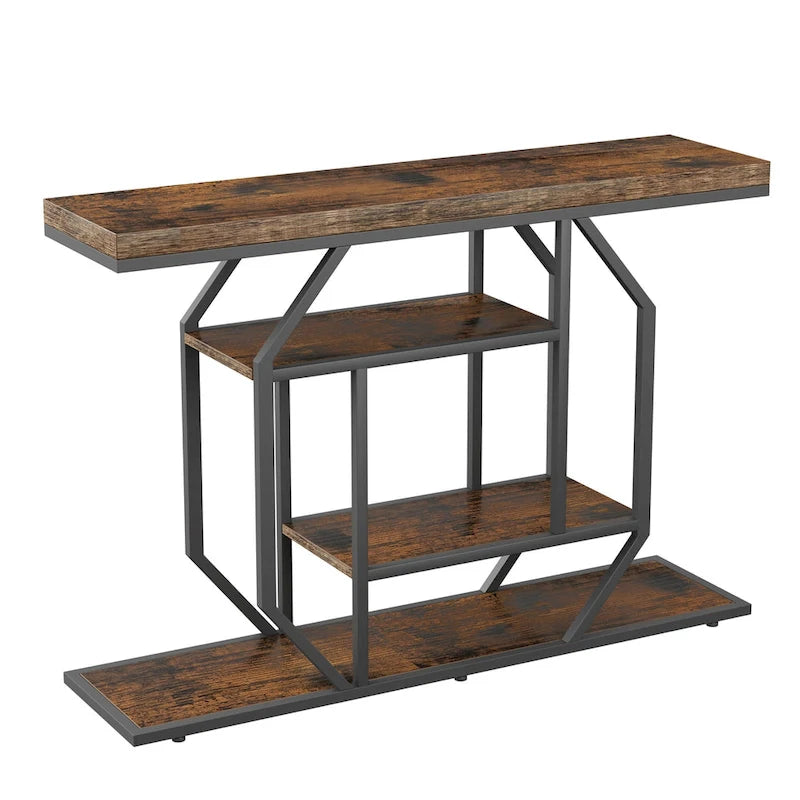 47.24 Rustic Long Console Entry Table Sofa Storage Table Behind Couch with 4 Tier Shelves-9