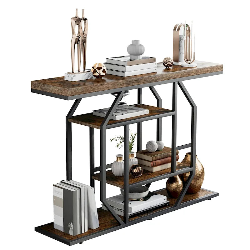 47.24 Rustic Long Console Entry Table Sofa Storage Table Behind Couch with 4 Tier Shelves-10