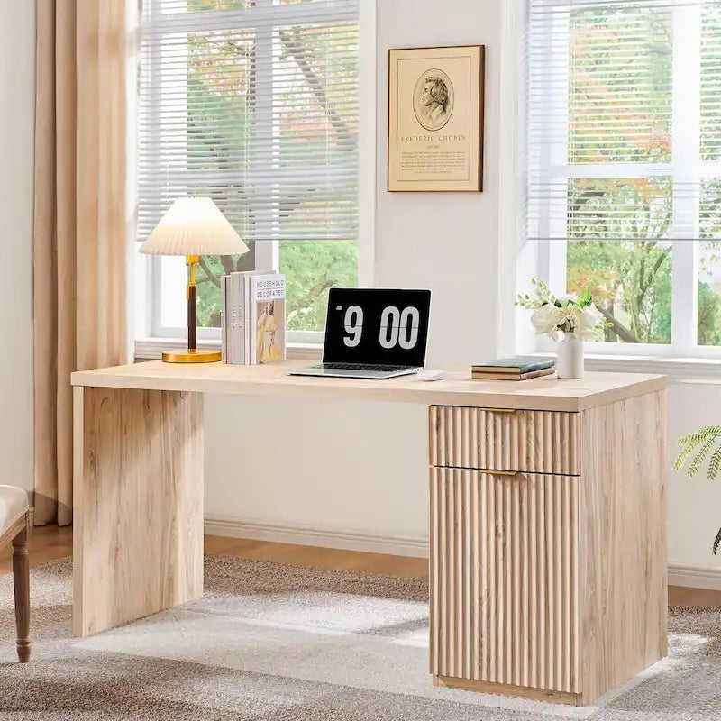 60 Modern Executive Desk, Wood Home Office Desk, Fluted Computer Desk-19