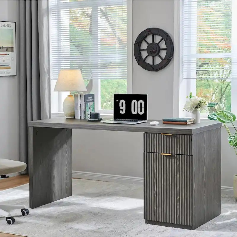 60 Modern Executive Desk, Wood Home Office Desk, Fluted Computer Desk-20