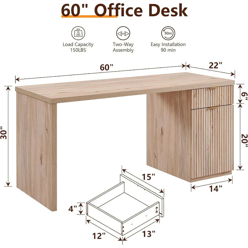 60 Modern Executive Desk, Wood Home Office Desk, Fluted Computer Desk-2