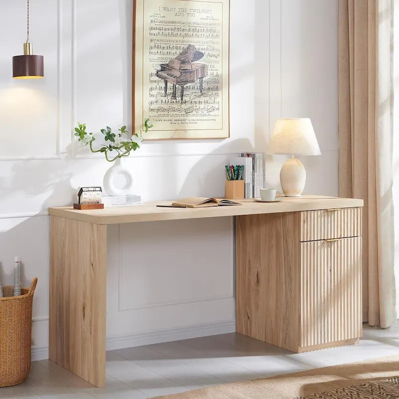 60 Modern Executive Desk, Wood Home Office Desk, Fluted Computer Desk-3