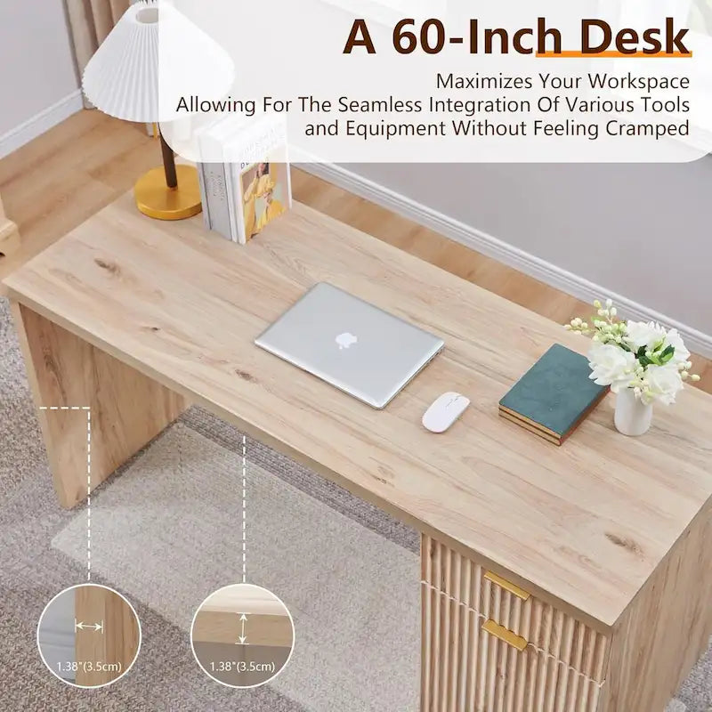 60 Modern Executive Desk, Wood Home Office Desk, Fluted Computer Desk-4