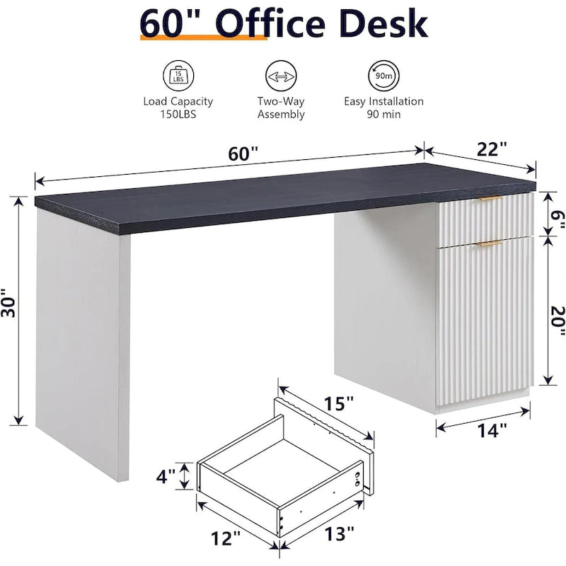 60 Modern Executive Desk, Wood Home Office Desk, Fluted Computer Desk-8