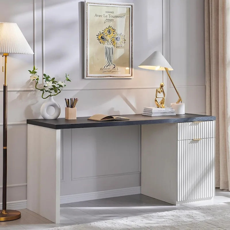 60 Modern Executive Desk, Wood Home Office Desk, Fluted Computer Desk-9