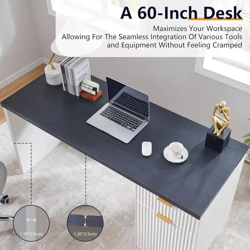 60 Modern Executive Desk, Wood Home Office Desk, Fluted Computer Desk-10