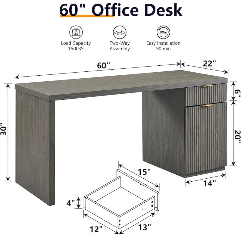 60 Modern Executive Desk, Wood Home Office Desk, Fluted Computer Desk-14