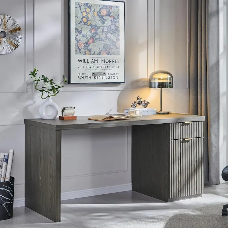 60 Modern Executive Desk, Wood Home Office Desk, Fluted Computer Desk-15