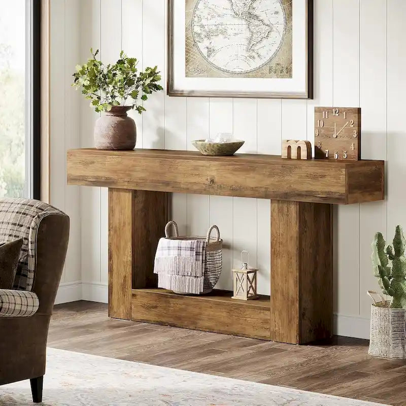 63 Inches Brown and Gray Narrow Long Wood Console Table for Entryway-30