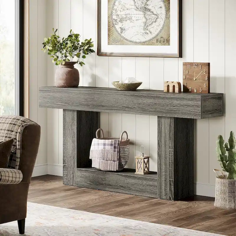 63 Inches Brown and Gray Narrow Long Wood Console Table for Entryway-32