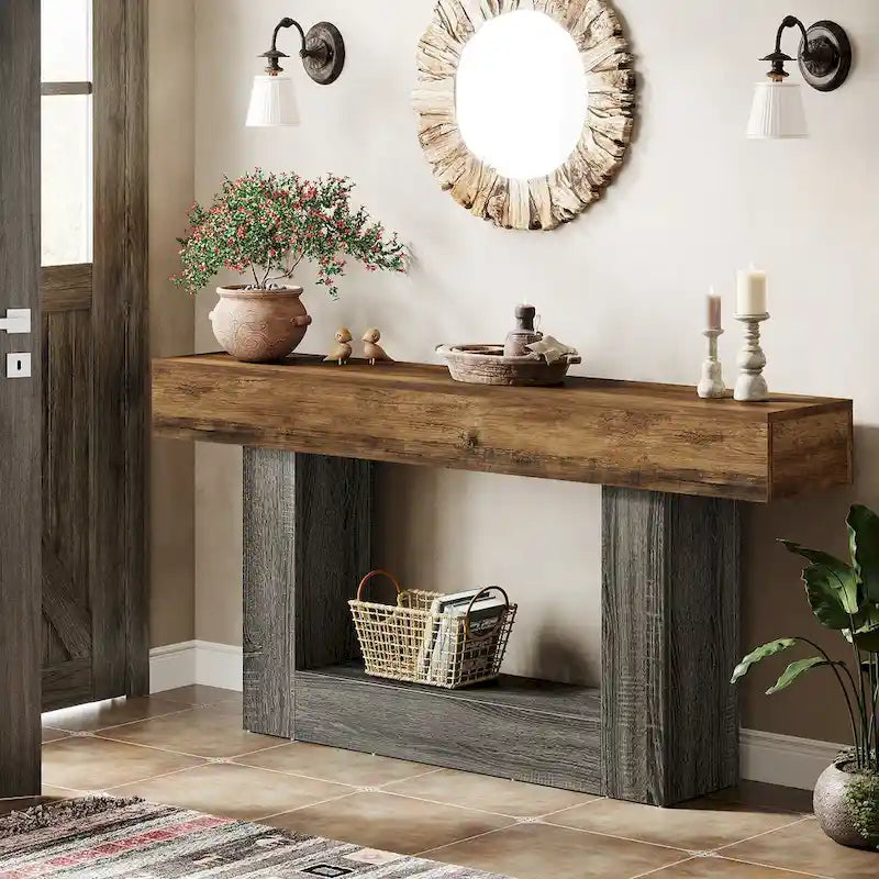 63 Inches Brown and Gray Narrow Long Wood Console Table for Entryway