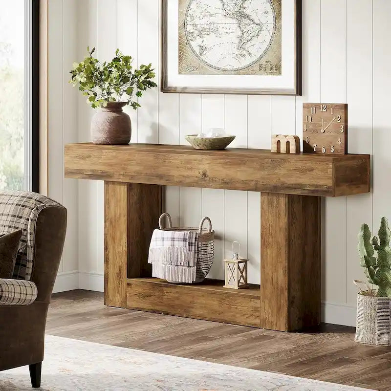 63 Inches Brown and Gray Narrow Long Wood Console Table for Entryway-2