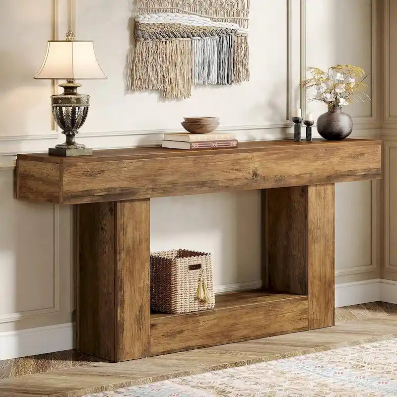 63 Inches Brown and Gray Narrow Long Wood Console Table for Entryway-4