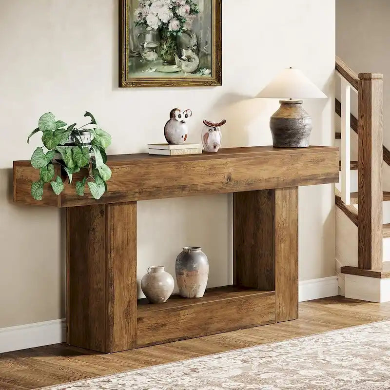 63 Inches Brown and Gray Narrow Long Wood Console Table for Entryway-5