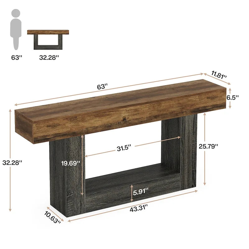 63 Inches Brown and Gray Narrow Long Wood Console Table for Entryway-9