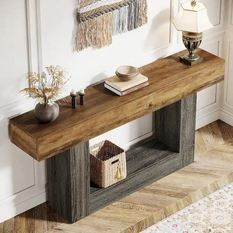 63 Inches Brown and Gray Narrow Long Wood Console Table for Entryway-13