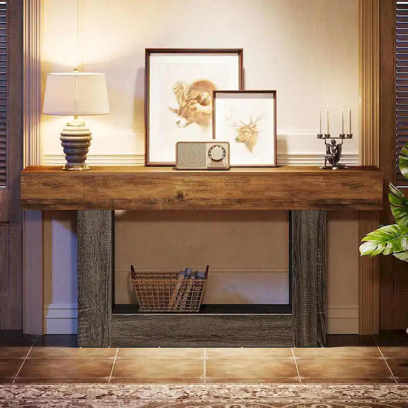 63 Inches Brown and Gray Narrow Long Wood Console Table for Entryway-14