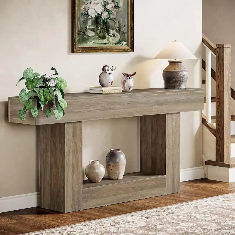 63 Inches Brown and Gray Narrow Long Wood Console Table for Entryway-15