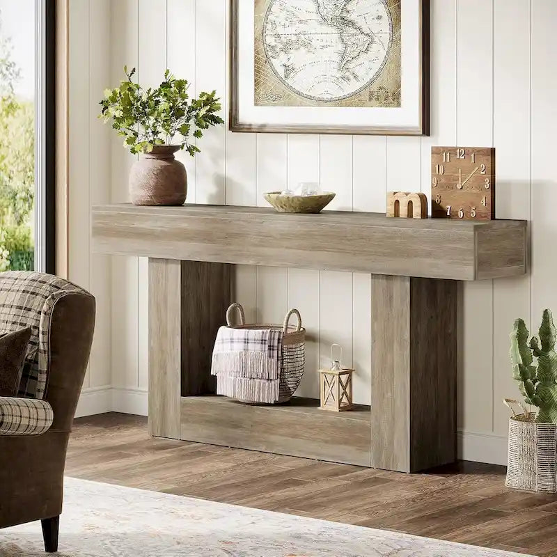 63 Inches Brown and Gray Narrow Long Wood Console Table for Entryway-16