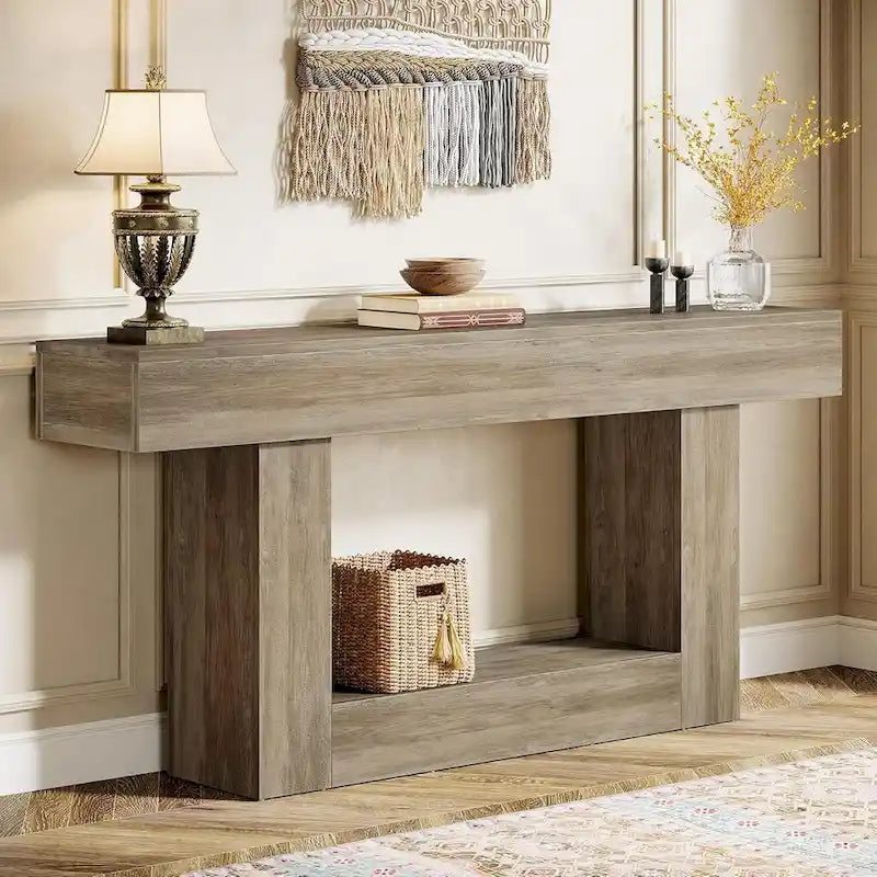63 Inches Brown and Gray Narrow Long Wood Console Table for Entryway-17