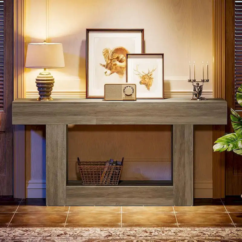 63 Inches Brown and Gray Narrow Long Wood Console Table for Entryway-20