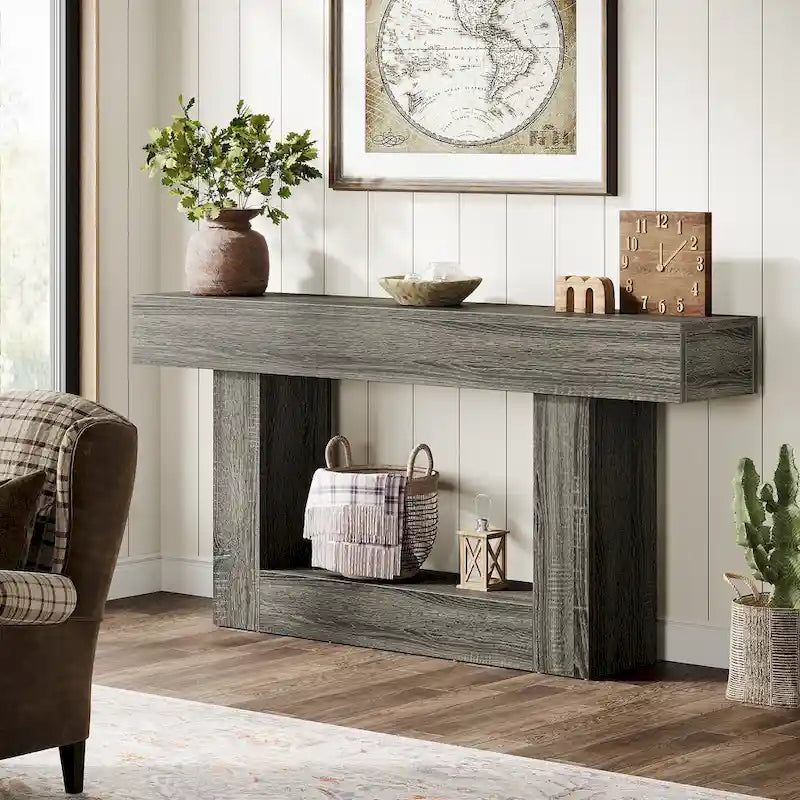 63 Inches Brown and Gray Narrow Long Wood Console Table for Entryway-22
